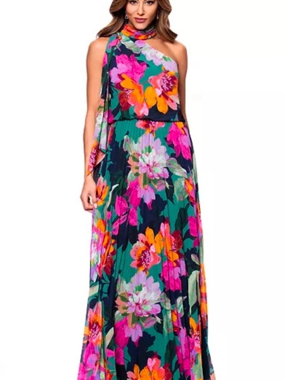 XscapeFloral One-Shoulder Maxi Dress in Teal & Pink